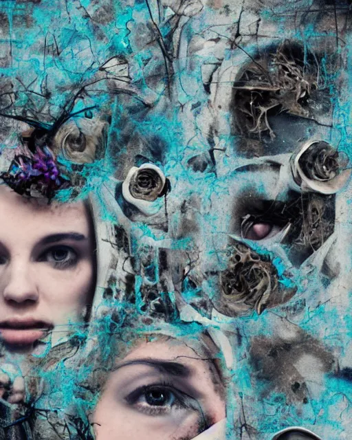 Prompt: technological, different women's faces, cut and paste collage, dead flowers, burnt, blue glow, 2 0 5 0 s, hypnotized, cold texture, steel, dystopian, serene emotions