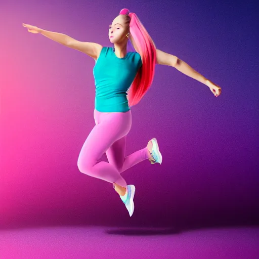 Image similar to a award winning half body shot of a beautiful woman in a croptop and leggings with a ombre purple pink teal hairstyle with head in motion and hair flying, outrun, vaporware, highly detailed, fine detail, intricate