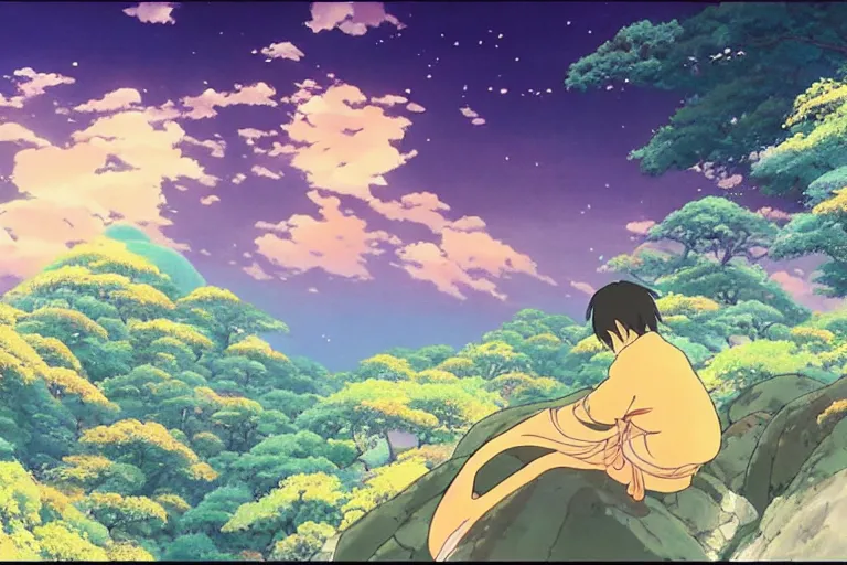 Image similar to painting of a dreamscape, a smiling bodhisattva in the foreground, otherworldly and ethereal by kazuo oga in the anime film by studio ghibli, screenshot from the anime film by makoto shinkai