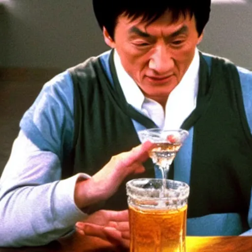 Prompt: jackie chan drinking water from a glass