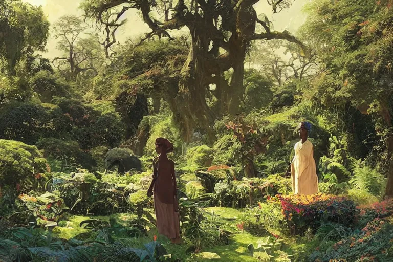 Image similar to illustration of elegant black woman watching spacecraft land in garden of english country mansion, baobab trees, distant town in valley and hills, by norman rockwell, jack kirby, john berkey, bergey, craig mullins, ruan jia, raymond swanland, jeremy mann, tom lovell, morgan weistling, carl spitzweg