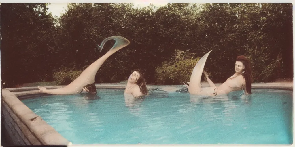 Image similar to a mermaid in pool in a backyard, slightly burn-damaged polaroid photograph, circa 1997