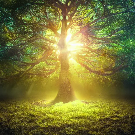 Prompt: a very detailed, highly rendered, highly photorealistic, spectacular, lively, warm tree standing in a thickly vegetated forest in a fantasy world, realistic, high definition, dreamlike light incidenc, holy light shining on it, during a colorful sunraise, award winning picture, trippy