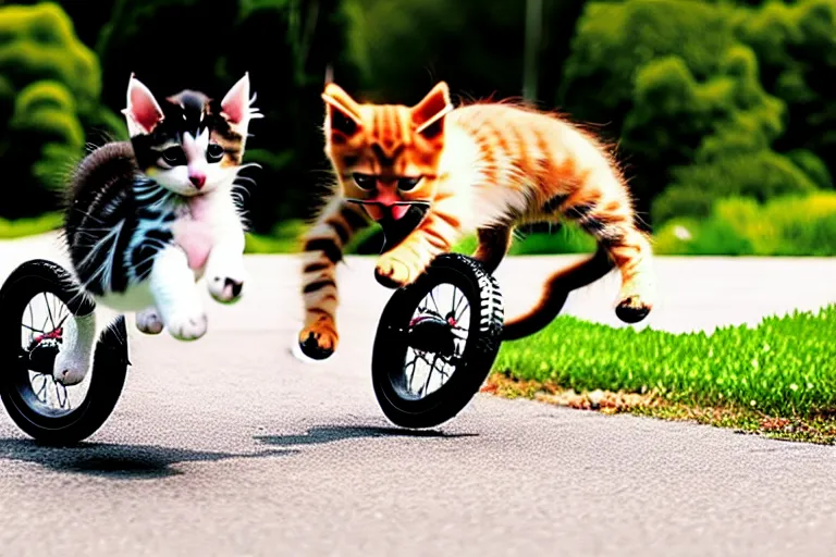 Image similar to Kitten jumping a large dog with a stunt bike