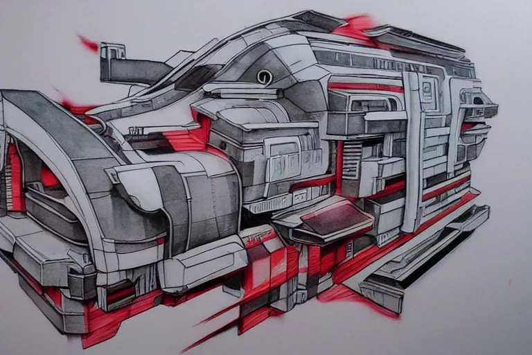 Image similar to futuristic, cyberpunk, martian architecture, minimalistic ink and red airbrush painting on white background, black outline