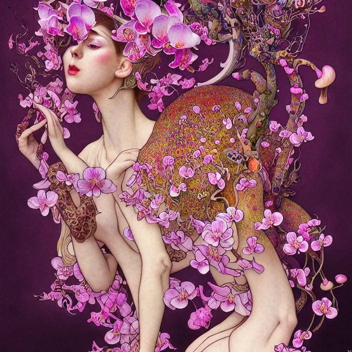 Prompt: psychedelic animal made of orchid and cherry blossom tree and mushroom, LSD, diffuse lighting, fantasy, intricate, elegant, highly detailed, lifelike, photorealistic, digital painting, artstation, illustration, concept art, smooth, sharp focus, art by John Collier and Albert Aublet and Krenz Cushart and Artem Demura and Alphonse Mucha