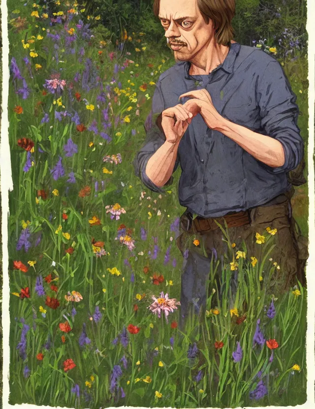 Prompt: steve buscemi picking wildflowers. gouache fairytale art, russian romanticism, muted palette, backlighting, depth of field