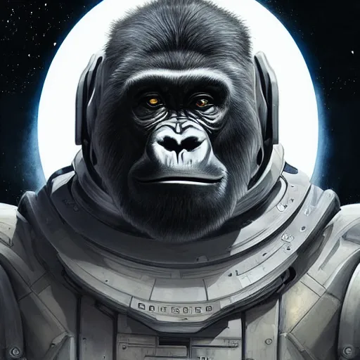 Image similar to science-fiction character portrait of a gorilla wearing a white armored space suit, intricate, wild, highly detailed, digital painting, artstation, shoulders up, concept art, smooth, sharp focus, illustration, art by artgerm and greg rutkowski and alphonse mucha