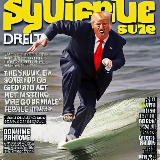 Prompt: donald trump catching a wave, cover of surfer magazine, july 2 0 1 1