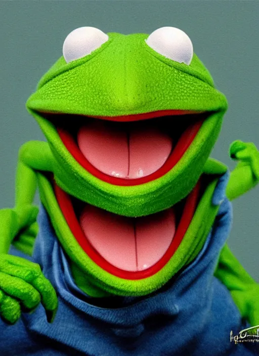 Image similar to portrait of a Deliriously happy and screaming Kermit the frog in Society (1989), highly detailed, centered, solid color background, digital painting, artstation, concept art, smooth, sharp focus, illustration, artgerm, donato giancola, Joseph Christian Leyendecker, Les Edwards, Ed Repka, WLOP, Artgerm