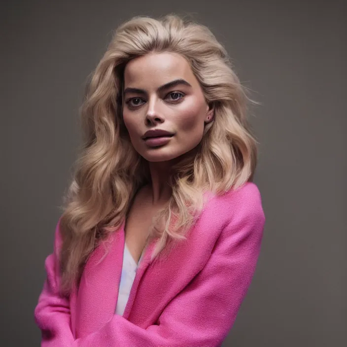 Image similar to portrait of Margot Robbie wearing pink jacket with the body of Demi Rose, by Charlotte Grimm, natural light, detailed face, CANON Eos C300, ƒ1.8, 35mm, 8K, medium-format print