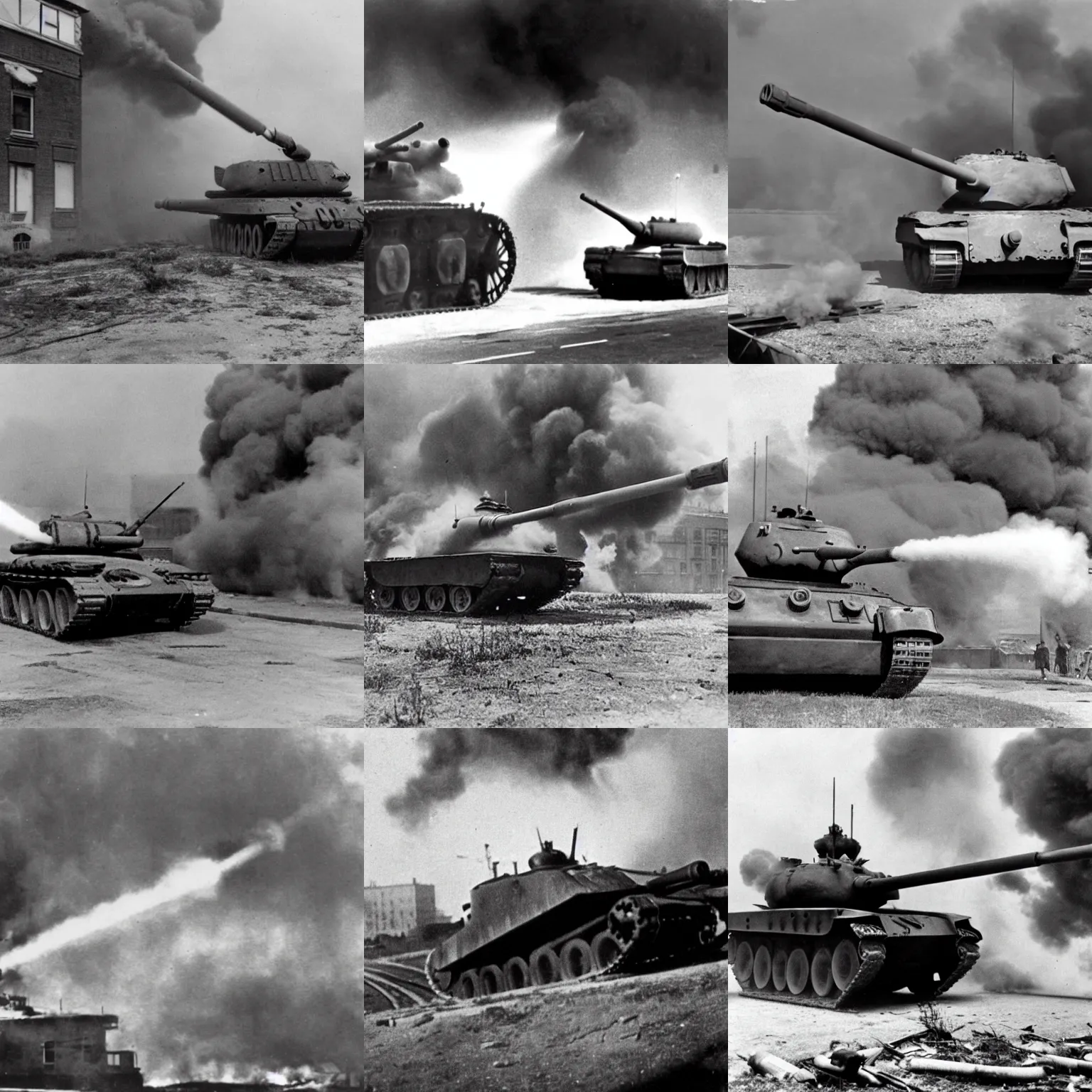 Prompt: a tank firing at a building, 1 9 4 5