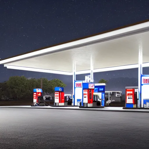 Image similar to a gas station at night, it's raining, dark, 8K, ultra photoreal, ultra detailed, hyperdetailled, volumetric lightvolumetric light