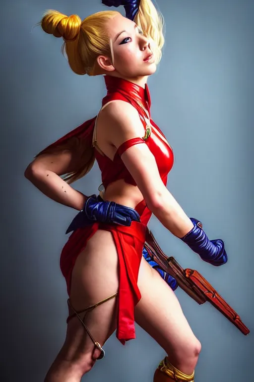 Image similar to cosplaying as cammy from street fighter, promo shoot, studio lighting, professional, by artgerm and alphonse mucha, trending on instagram