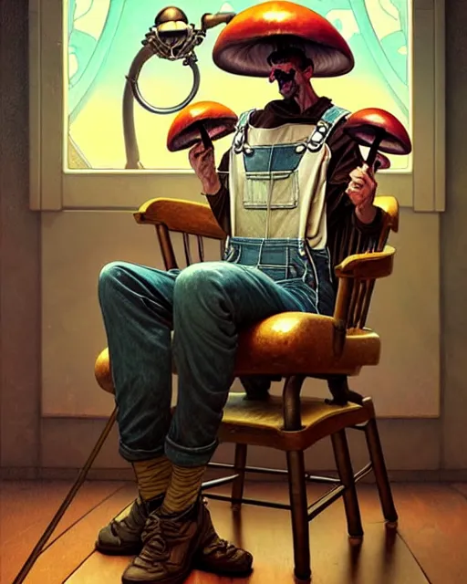 Image similar to male mushroom alien sitting in a rocking chair, wearing overalls, smoking a pipe, full body, art by artgerm and greg rutkowski and alphonse mucha