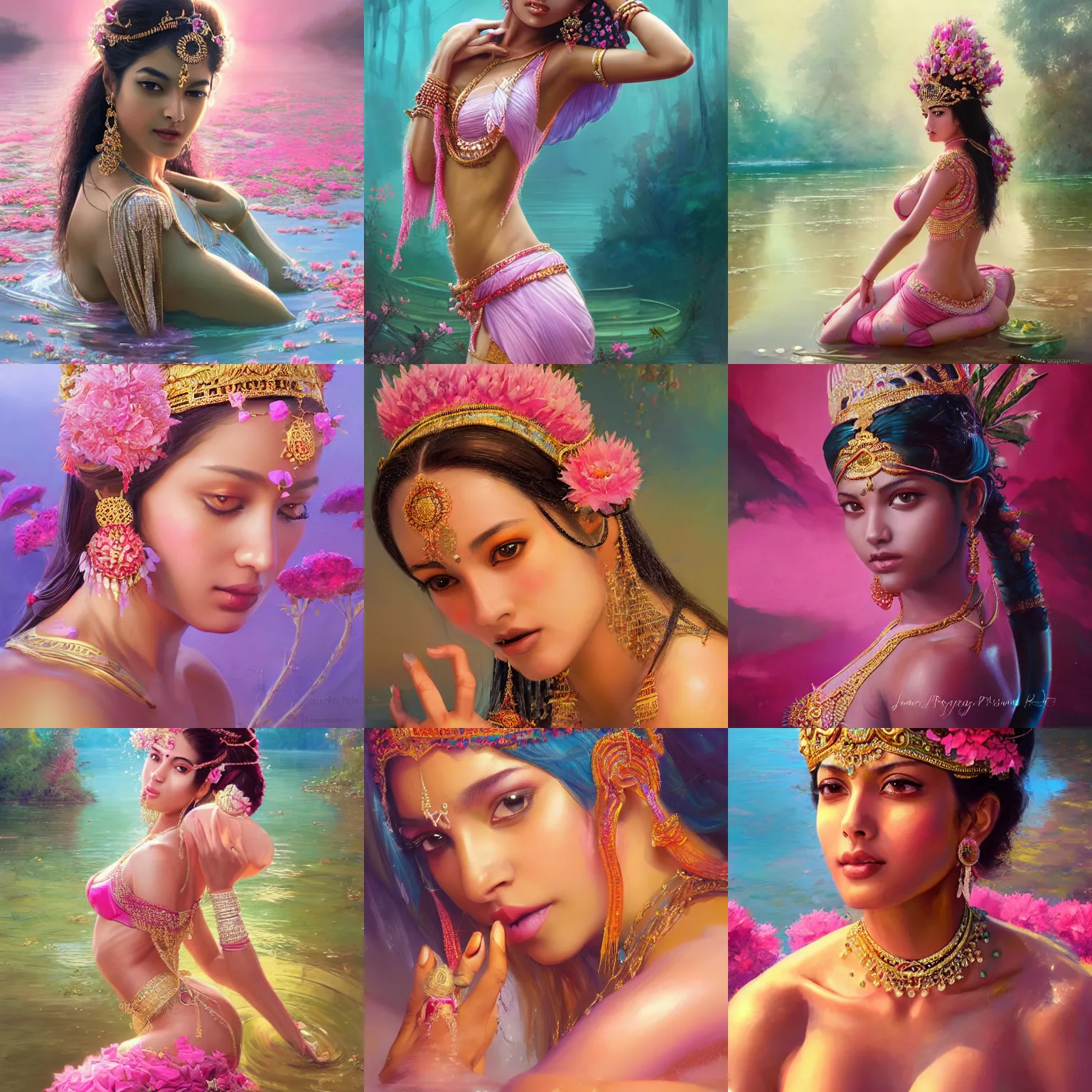 Prompt: expressive oil painting, of alluring indian princess in lake, smooth glowing skin, glistening body, ornate headpiece made from pink flowers, glamour shot, by yoshitaka amano, by greg rutkowski, by jeremyg lipkinng, by artgerm, digital art, octane render