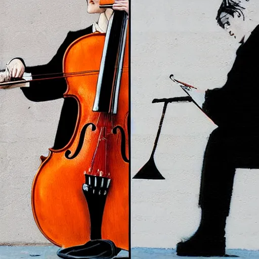 Image similar to cello violin concert art by banksy and alan lee