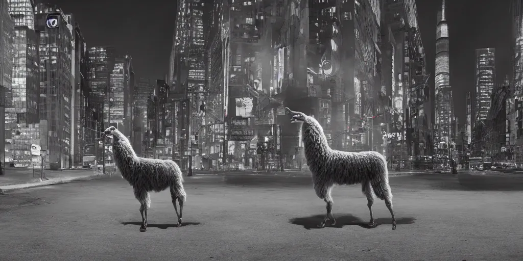 Image similar to a llama walking through a desolate manhattan city street at night, statue of liberty seen in the background, realistic 4 k octane beautifully detailed render, 4 k post - processing, highly detailed, detailed face, intricate complexity, epic composition, magical atmosphere, cinematic lighting, masterpiece, color picture, ultra hd