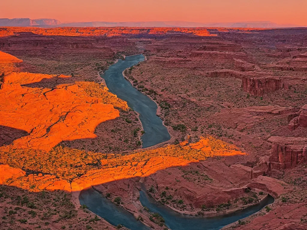 Image similar to “a river bend running through a canyon surrounded by desert mountains at sunset, moab, utah, a tilt shift photo by Frederic Church, trending on unsplash, hudson river school, photo taken with provia, national geographic photo”