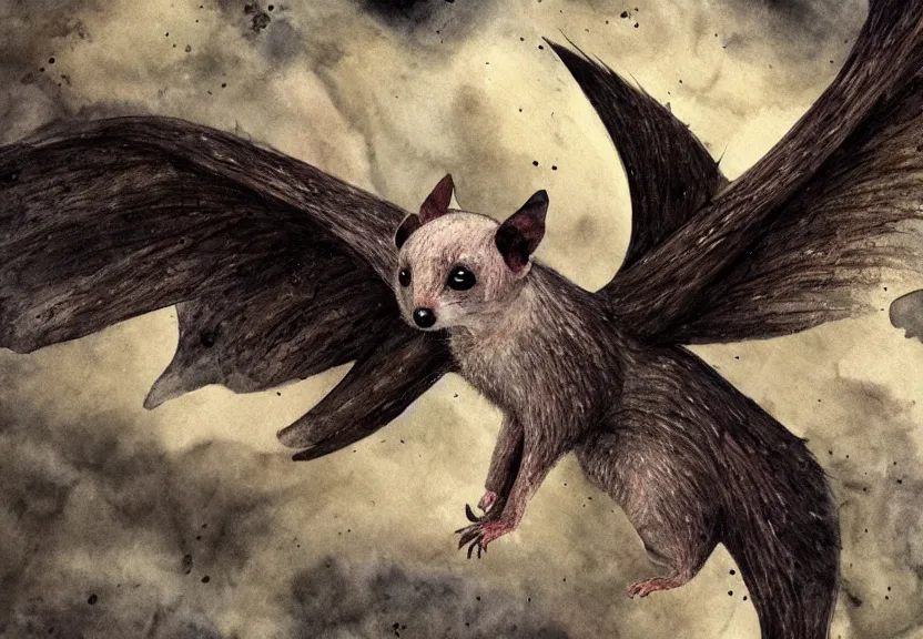 Image similar to gorgeous winged possum flying over a medieval castle under a dark starred sky, dark fantasy, watercolor, dreaming illusion, highly detailed, 4k, trending on Artstation, award-winning