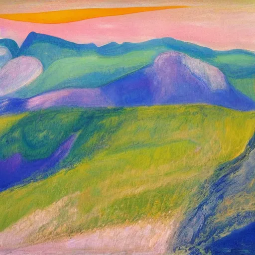 Prompt: a wide landscape of the austrian alps at sunrise in the summer, painting in the style of hilma af klint, futuristic, bright colors,