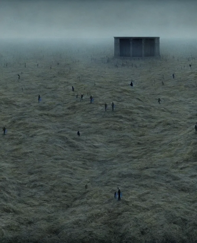 Image similar to a cryptic panopticon full on inmates and monsters, film still from the movie directed by Denis Villeneuve with art direction by Zdzisław Beksiński, wide lens