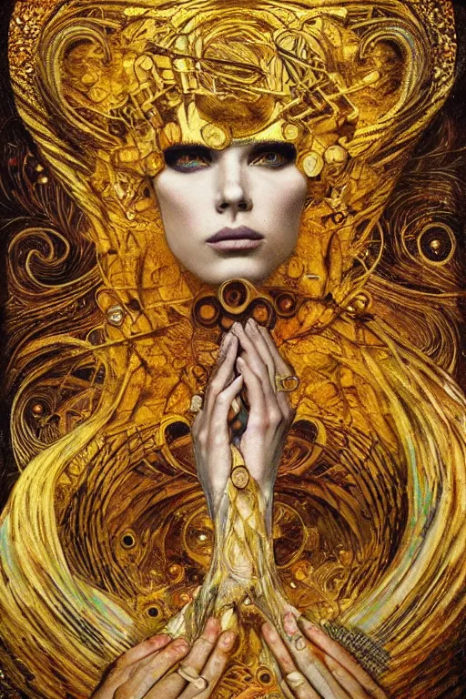 Prompt: Intermittent Chance of Chaos Muse by Karol Bak, Jean Deville, Gustav Klimt, and Vincent Van Gogh, enigma, destiny, fate, unearthly gears, otherworldly, fractal structures, prophecy, ornate gilded medieval icon, third eye, spirals