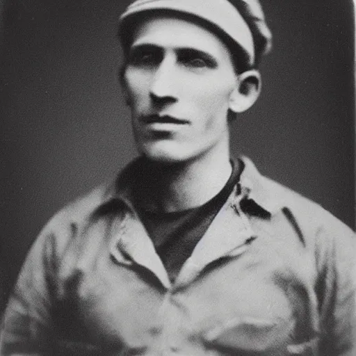 Prompt: daguerreotype photograph of jerma 9 8 5 wearing a ripped t - shirt and a newsboy cap, old photo, vintage, industrial revolution, historical archive, realistic