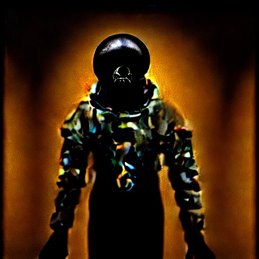 Image similar to full-body dark creepy baroque style oil painting realism a decapitated astronaut with futuristic elements. he welcomes you under with no head, empty helmet inside is occult mystical symbolism headless full-length view. standing on ancient altar eldritch energies lighting forming around disturbing frightening intricate renaissance, award winning digital illustration hyper realism, 8k, depth of field, 3D