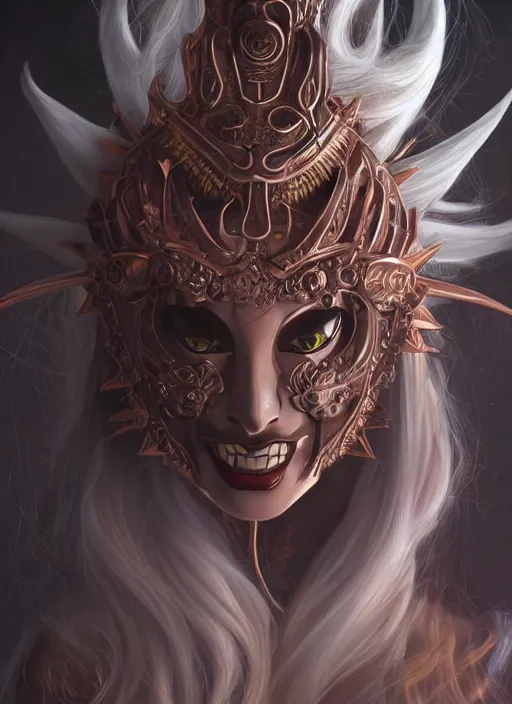 Image similar to a beautiful detailed oil on copper art illustration of a japanese hyottoko mask devil woman, centered, by charlie bowater, zeng fanzh, trending on artstation, dim dusk lighting, cinematic lighting, detailed lighting, volumetric lighting, realistic, f 8, 4 k hd wallpaper