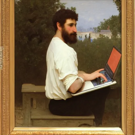 Image similar to an oil painting of an man playing a laptop, view from back, by Bouguereau, highly detailed and intricate,