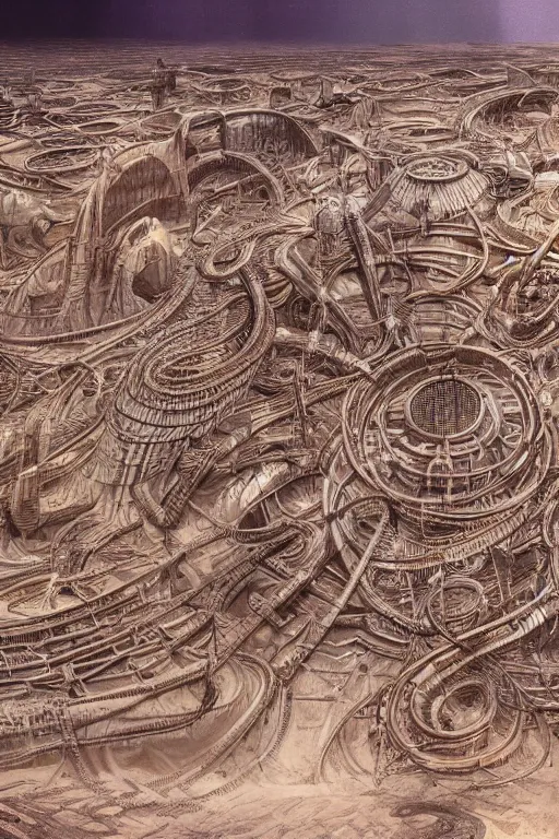 Image similar to industrial city in the desert dune concept art by yoshitaka amano and H.R. Giger, intricate detail, 8k, featured art