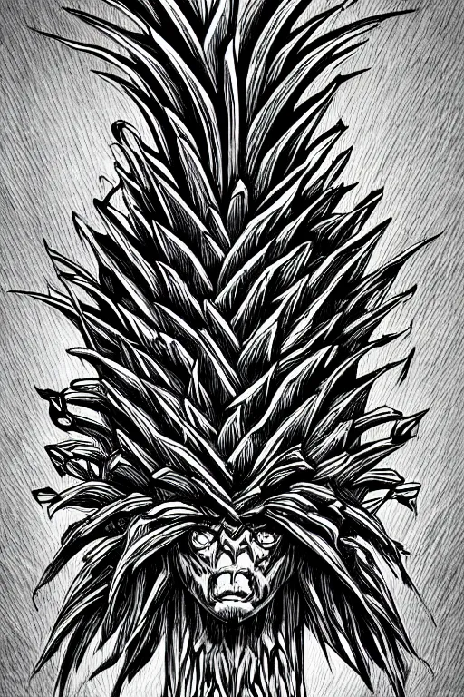 Image similar to pineapple humanoid figure monster, symmetrical, highly detailed, digital art, sharp focus, trending on art station, kentaro miura manga art style