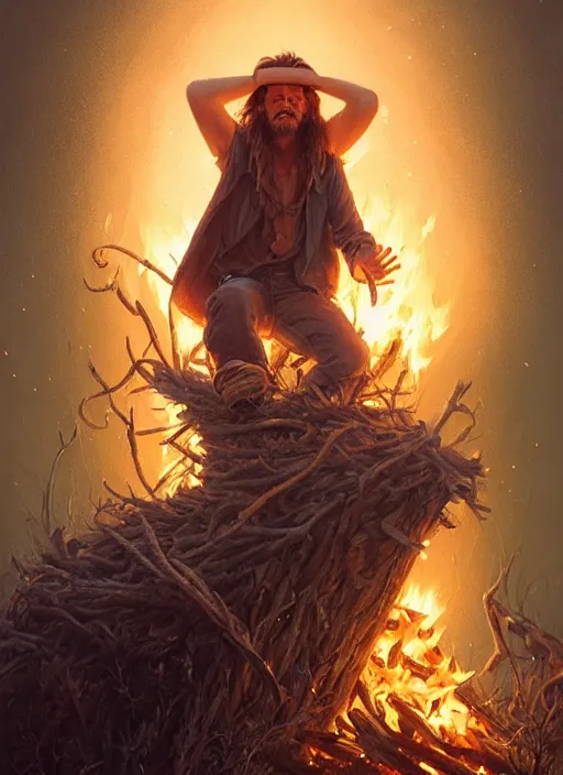 Image similar to highly detailed portrait of long - haired hillbilly around a bonfire, stephen bliss, unreal engine, art by greg rutkowski, loish, rhads, ferdinand knab, makoto shinkai and lois van baarle, artgerm, pixar, ilya kuvshinov, rossdraws, tom bagshaw, global illumination