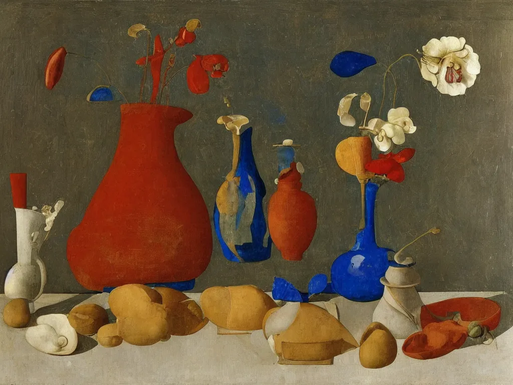 Image similar to still life with amphora, vase, seashell, orchid. lapis lazuli, malachite, cinnabar, gold. painting by piero della francesca, balthus, agnes pelton