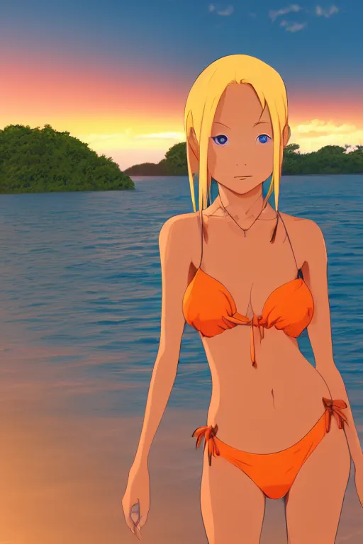 Image similar to beautiful blond woman in orange tribal bikini, blond hair pulled back, by makoto shinkai, 8 k, high resolution render, cinematic, sunset, lake, prehistoric jungle, unreal engine, clean lineart and flat color,