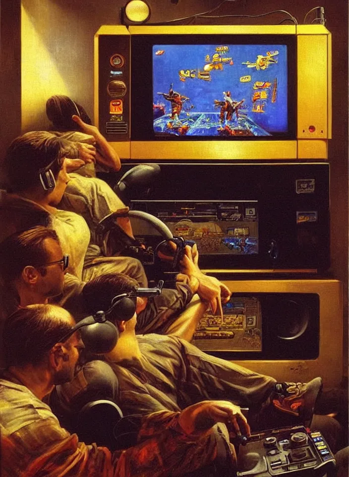 Image similar to Men playing video games on CRT television using Atari joysticks. Painting by Robert Edward Hughes. Intricate details. hyper realism. Masterpiece.