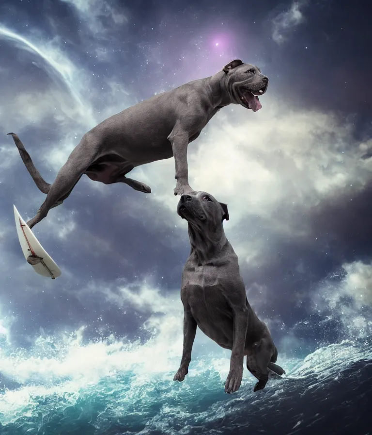 Image similar to photo of a dark gray coat pit bull with a white paws!, surfing on a surfboard in a crashing wave of alien ocean in space, background is an alien galaxy, aliens in the background, alien colors, octane render, unreal engine, wide view, 8 k, highly detailed