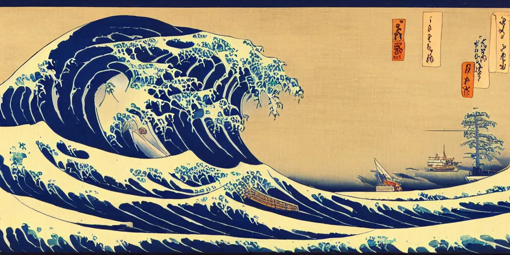 Prompt: A painting of nn aircraft carrier on the Great Wave, by Hokusai