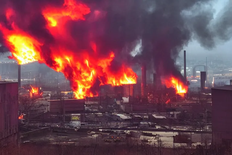 Prompt: a gloomy dystopian industrial complex belching smoke and fire