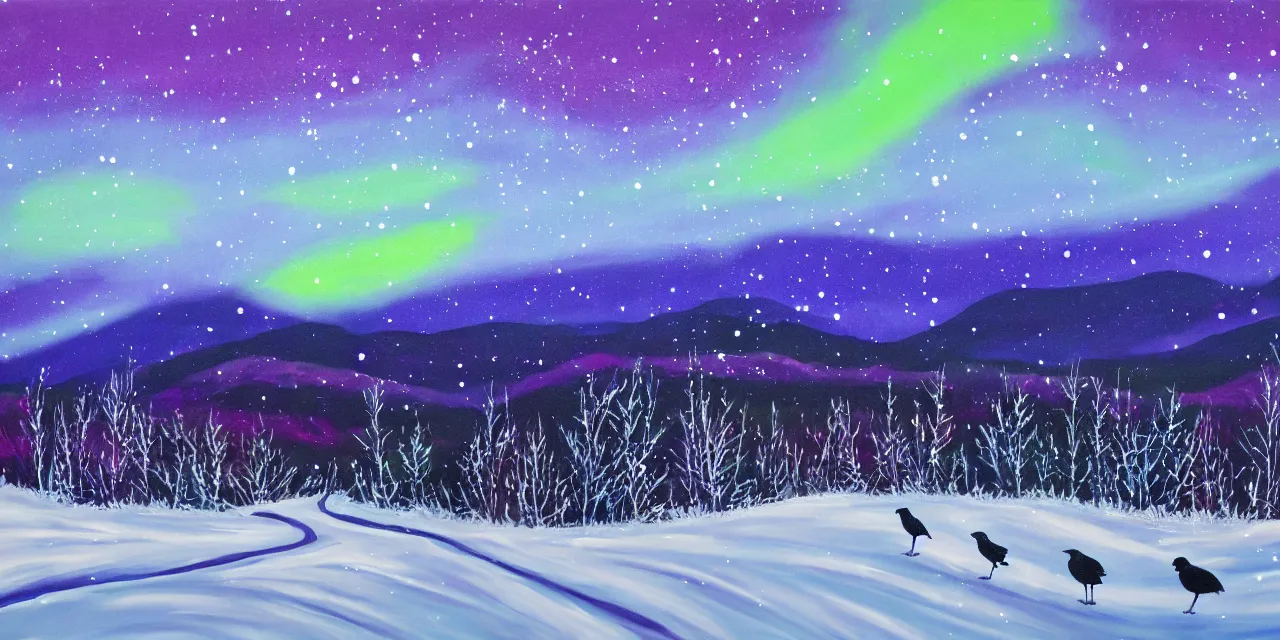 Image similar to acrylic pouring painting of the laurentian appalachian mountains in winter, unique, original and creative landscape, snowy night, distant town lights, aurora borealis, deers and ravens, footsteps in the snow, brilliant composition