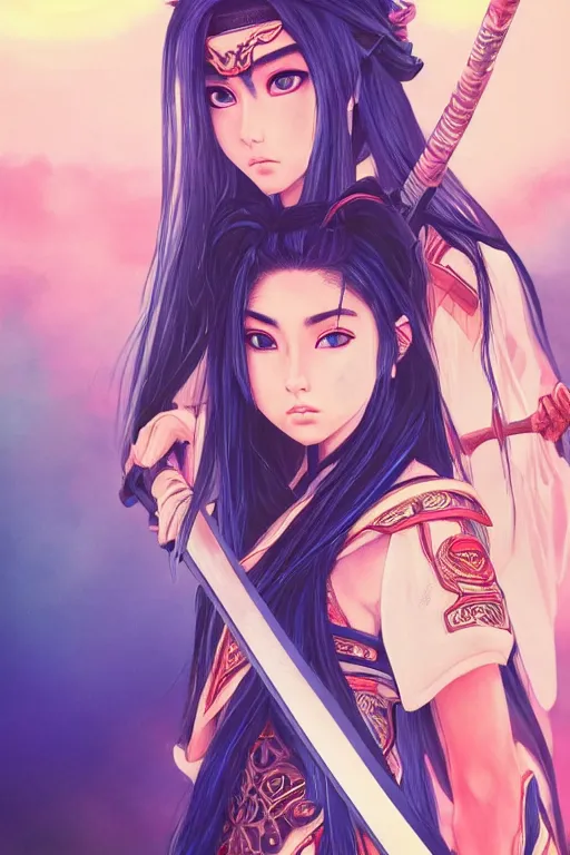 Image similar to highly detailed beautiful photo of madison beer as a young female samurai, swinging her sword, symmetrical face, beautiful eyes, cobalt blue hair, realistic anime art style, 8 k, award winning photo, pastels colours, action photography, 1 / 1 2 5 shutter speed, sunrise lighting