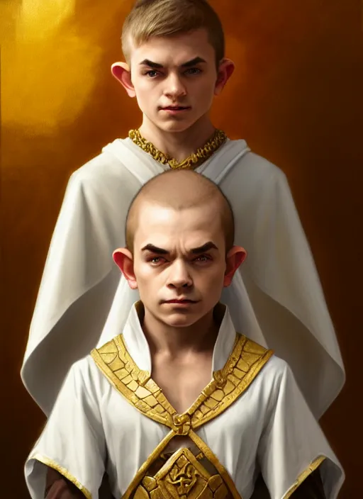 Image similar to symmetry!! oil painting dungeons & dragons portrait of a young halfling male cleric, white robe with gold accents, light brown hair pony tail, wry smirk, brown, gold and white cloak, necklace, elegant, highly detailed, artstation, concept art, smooth, sharp focus, illustration, art by artgerm and greg rutkowski and alphonse mucha