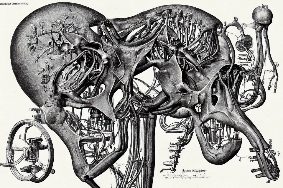 Prompt: An vintage anatomical drawing of Animal biology combined with a mechanical machine, detail digital art.