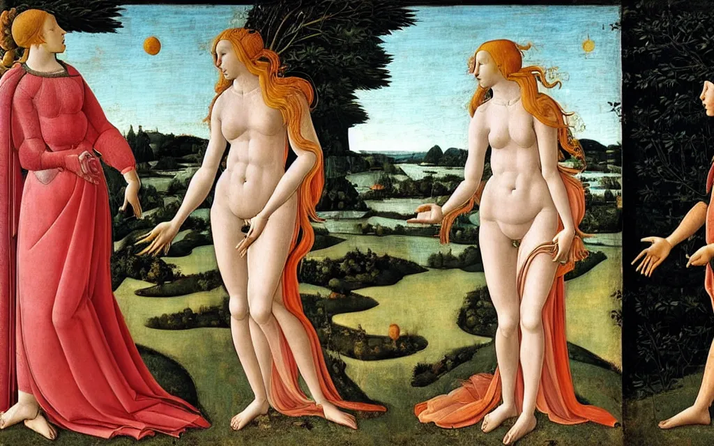 Prompt: sandro botticelli. very soft, delicate light. venus standing at a bus stop arguing with herself.