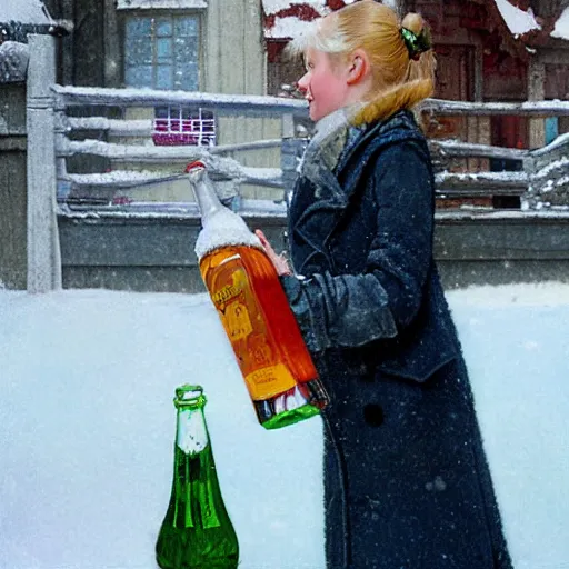 Image similar to Elle Fanning drinking a bottle of soda in the snow, by Norman Rockwell, Extremely detailed. 8K. Award winning.