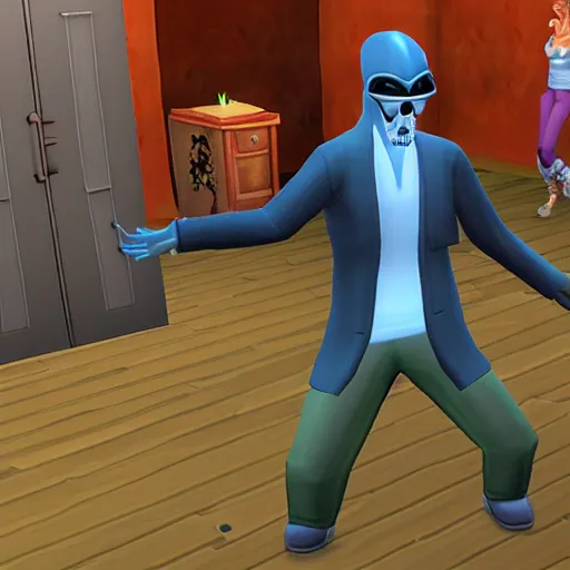 Image similar to the sims 2. a in - game still of the grim reaper.