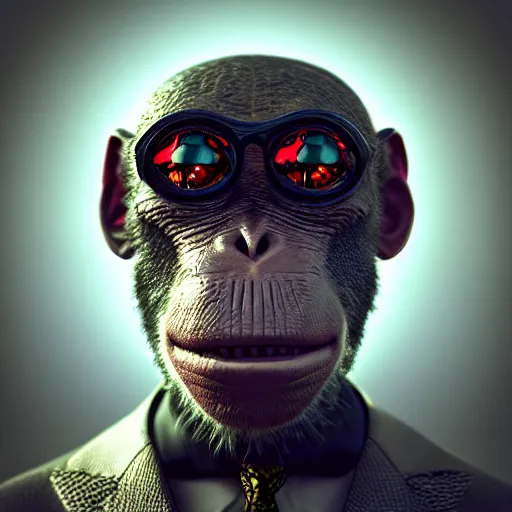 Image similar to Photography of ultra mega super hyper realistic detailed monkey by Hiromasa Ogura wearing cyberpunk style suit . Photo made from 30 meters distance on Leica Q2 Camera, Rendered in VRAY and DaVinci Resolve and MAXWELL and LUMION 3D, Volumetric natural light. Wearing cyberpunk suit with many details by Hiromasa Ogura .Rendered in VRAY and DaVinci Resolve and MAXWELL and LUMION 3D, Volumetric natural light