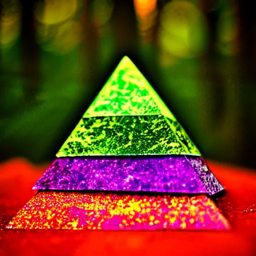 Prompt: colorful velvet Wizard triangle tree pyramid crystal, in a forest in twilight, 70s, polaroid, DOF, grain, kaleidoscope