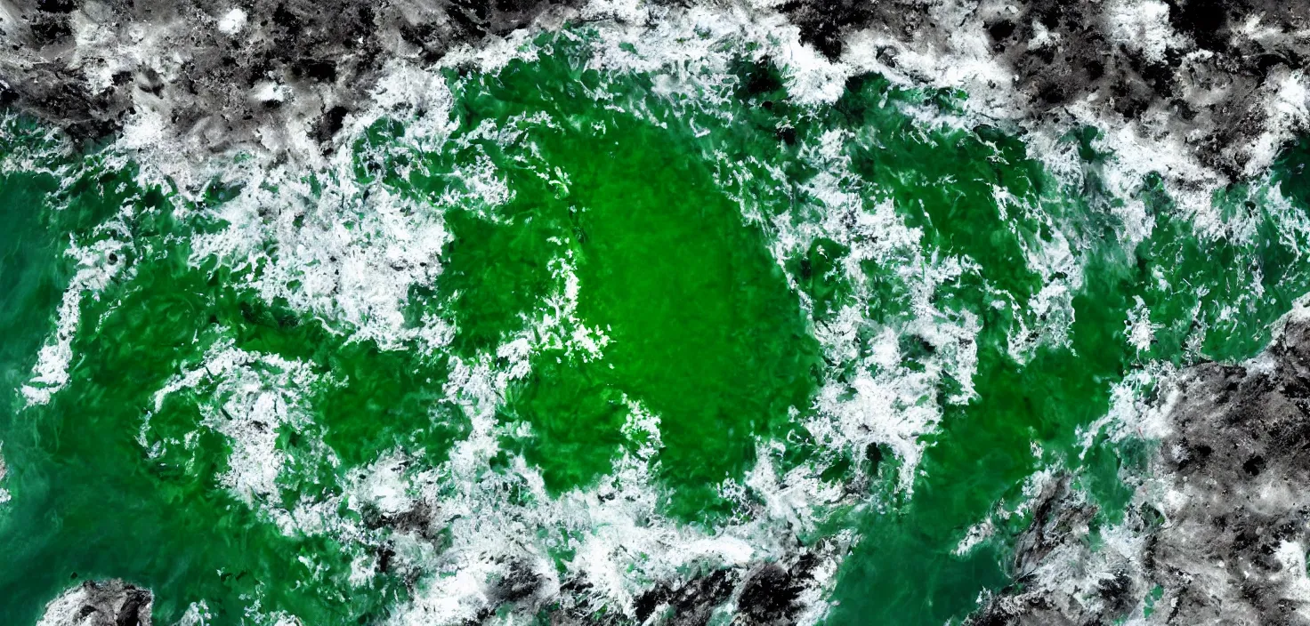 Image similar to satellite image of apocalyptic desert planet, oceans covered in mysterious black gooey liquid slime, rare green